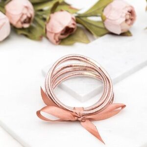 Lux Glitter Bracelets Champagne Rose Gold Bow Ribbon Stacked Jelly Cuff Set